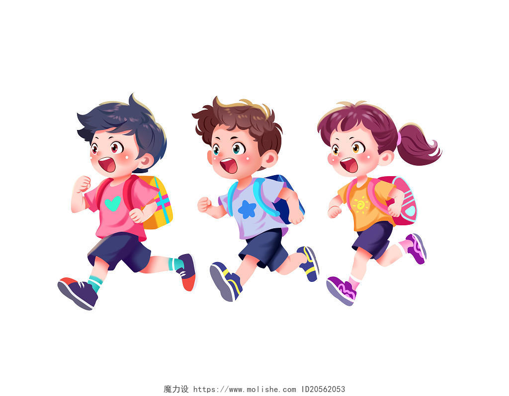 彩色卡通手绘小孩放学上学奔跑比赛原创插画元素